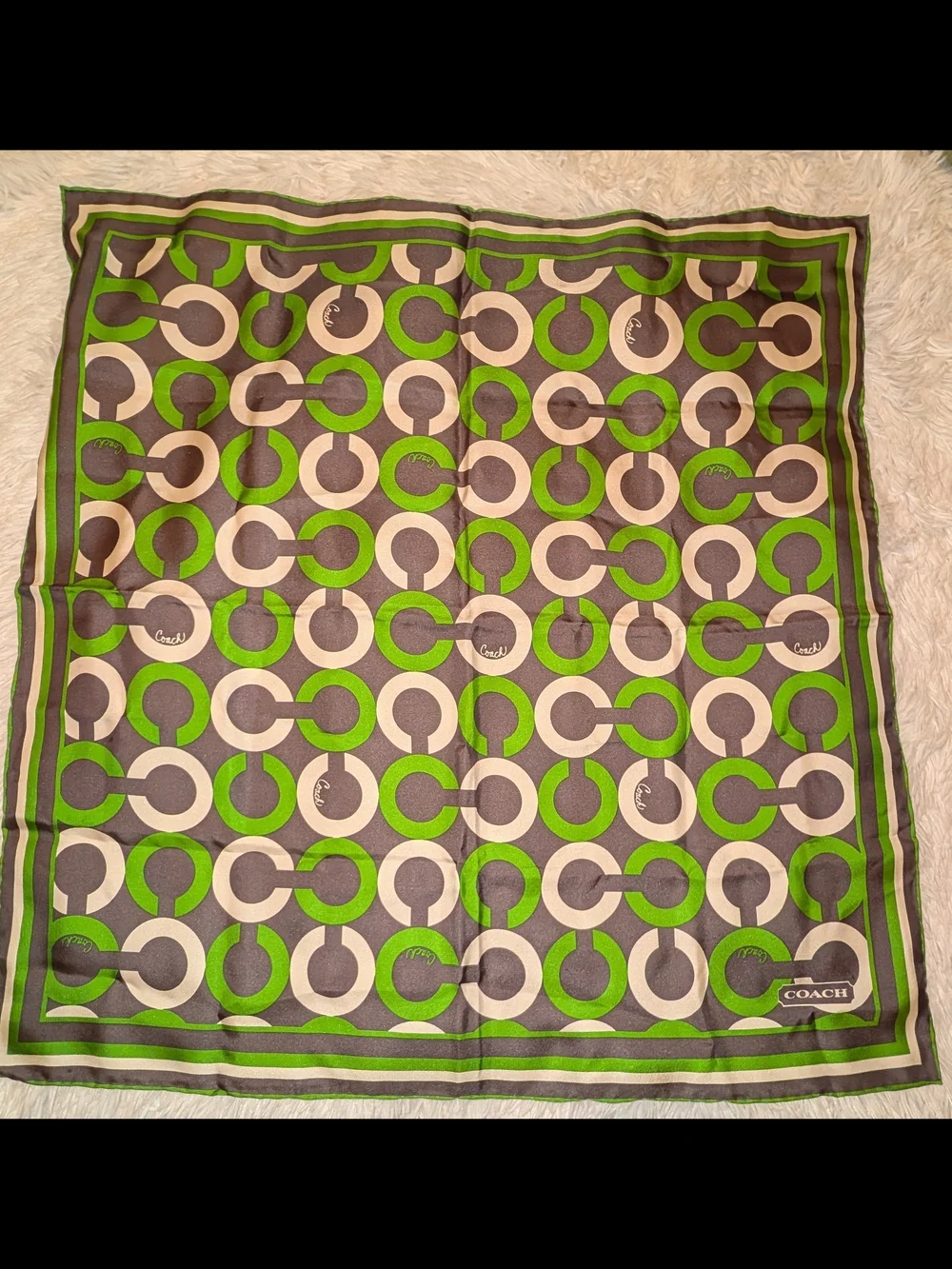 Coach Green & Gray Signature Pattern Silk Scarf 25